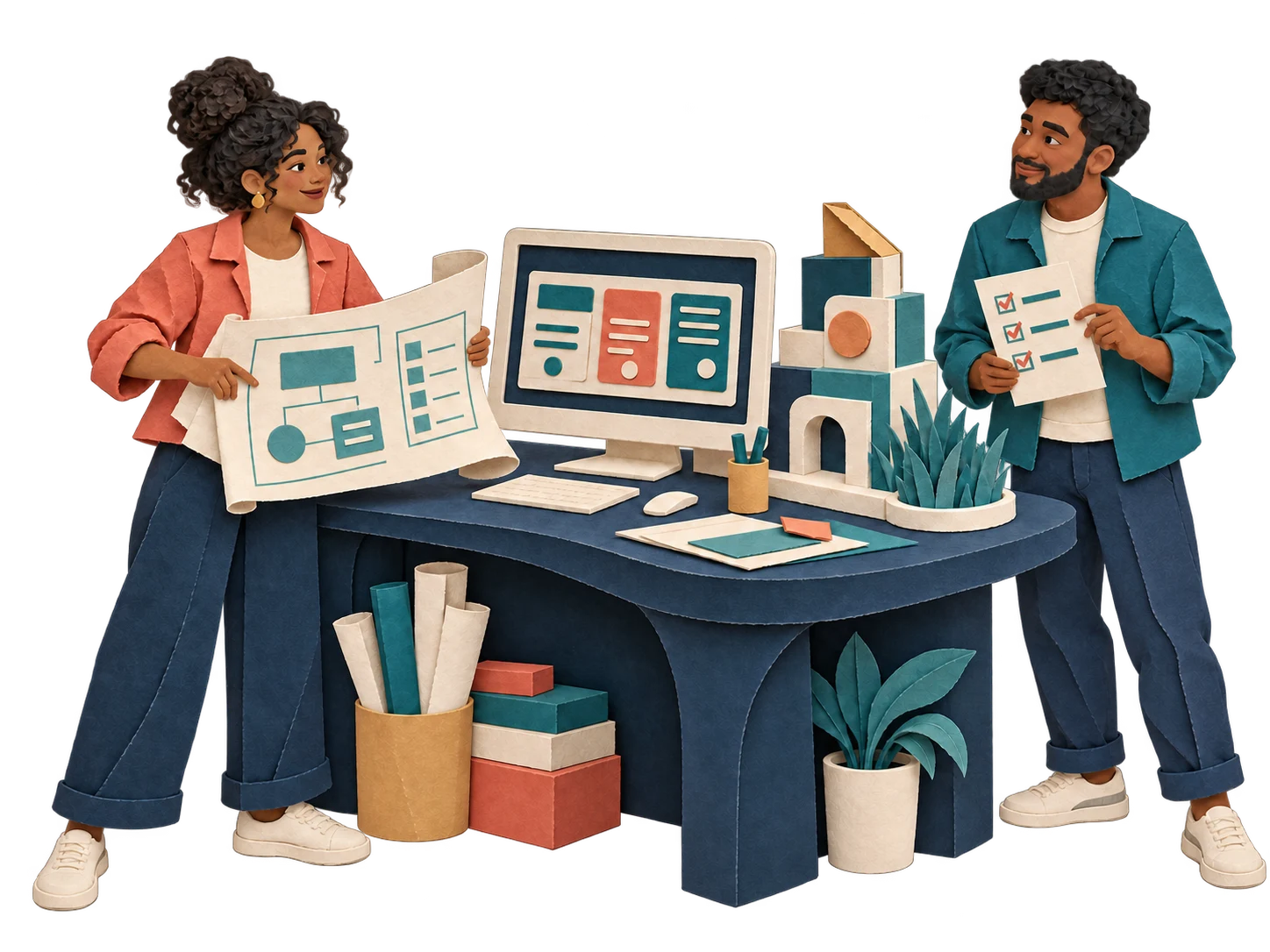 Paper-cut Tom Nwachuku and a collaborator reviewing a blueprint and a working interface together.