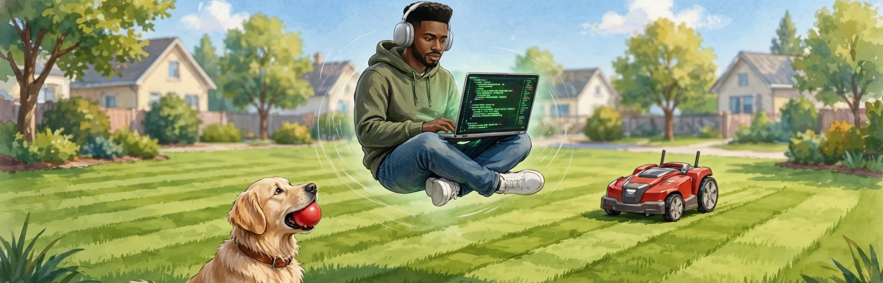 A developer floats above the lawn with his laptop while a dog waits with a ball and a robot mower cuts the grass.